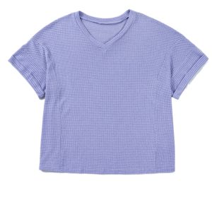 Women's Waffle Knit V Neck Top – Casual Short Sleeve Shift Blouse in Wisteria