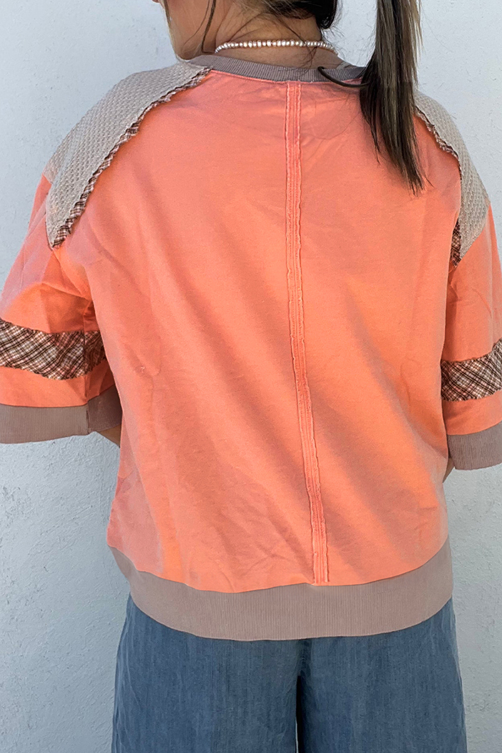 Casual Summer Top with Waffle Knit and Colorblock Design in Grapefruit Orange - Detail View 2