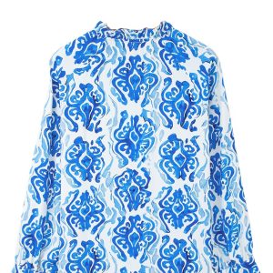 Sky Blue Ethnic Printed Tie Split Neck Button Front Puff Sleeve Shirt for Women - Main View