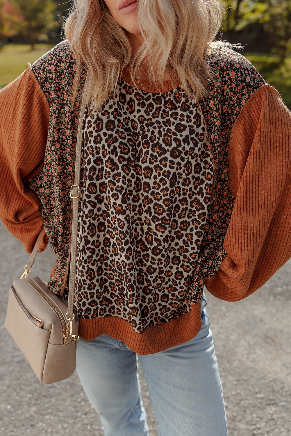Casual Western Style Brown Pullover with Colorblock and Puff Sleeves - Daily Wear - Detail View 7