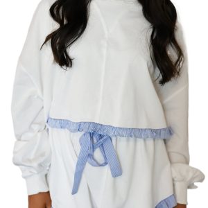Women's White Plaid Ruffled Pullover and Drawstring Elastic Waist Shorts Matching Set - Main View