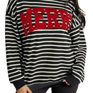 Women's Black Stripe Merry Christmas Sweatshirt – Casual Drop Shoulder Long Sleeve