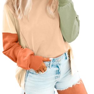 Casual Women's Beige Color Block Sweatshirt – Trendy Split Hem for Daily Wear - Main View