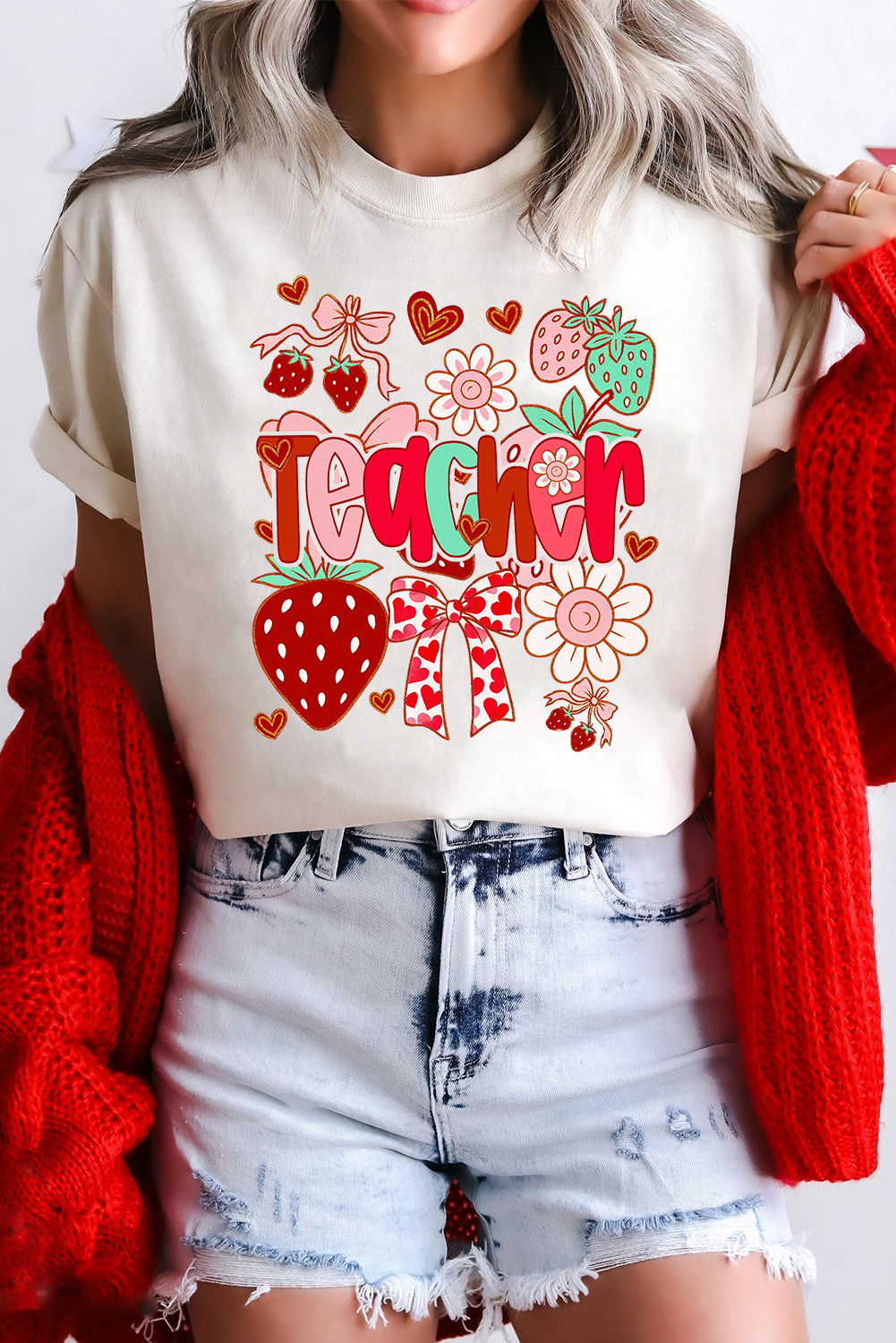 Adorable Round Neck Graphic T-Shirt with Flower, Bow, and Heart Prints for Teachers - Detail View 2