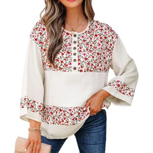 Women's Red Floral Print Gauze Patchwork Henley Blouse with 3/4 Sleeves - Main View