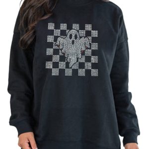 Women's Black Rhinestone Checkered Ghost Sweatshirt for Halloween - Main View