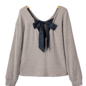 Women's Simply Taupe Ribbed V Neck Long Sleeve Top with Bow Back – Elegant Casual Style