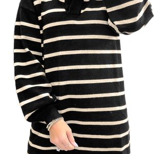 Women's Black Stripe Polo Collar Mini Dress – Casual Puff Sleeve Sweater Dress for Autumn Days - Main View