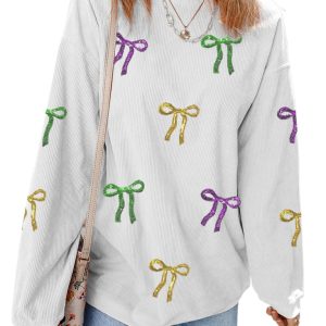 Women's White 3D Ribbed Sequin Bow Sweatshirt – Casual Mardi Gras Style for Fall