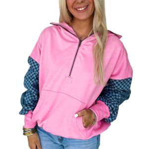Bonbon Pink Checkered Patchwork Kangaroo Pocket Half Zipper Hoodie for Women - Main View