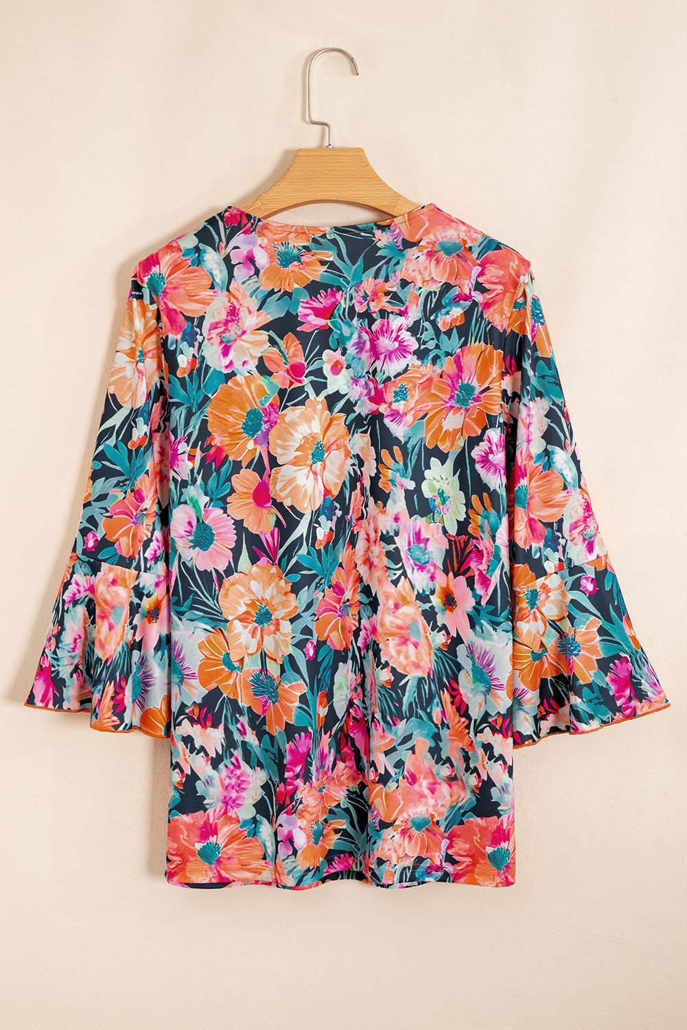 Elegant Black Floral 3/4 Flare Sleeve Tied V Neck Blouse for Women - Detail View 5