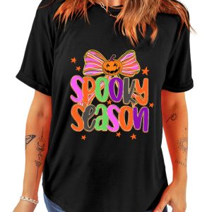 Women's Black SPOOKY SEASON Halloween Pumpkin Bow Print T-Shirt - Main View