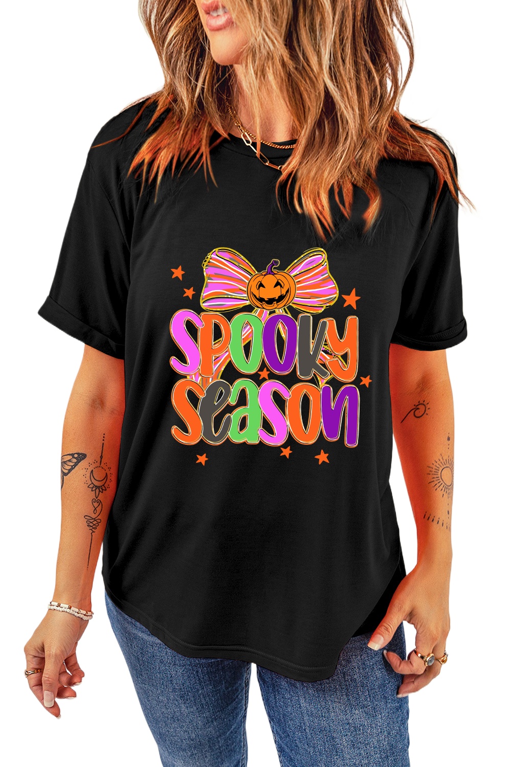 Women's Black SPOOKY SEASON Halloween Pumpkin Bow Print T-Shirt - Main View