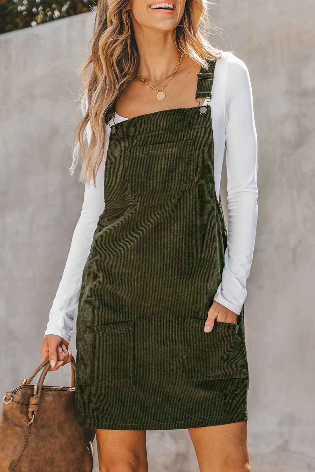 Women's Dress, Vineyard Green, Corduroy Overall, Sleeveless, Solid Color, Mini Dress, Casual Style, Front Pockets, Daily Wear, Fall Fashion, Autumn Outfit, Comfortable Fit, Trendy Look - Detail View 8