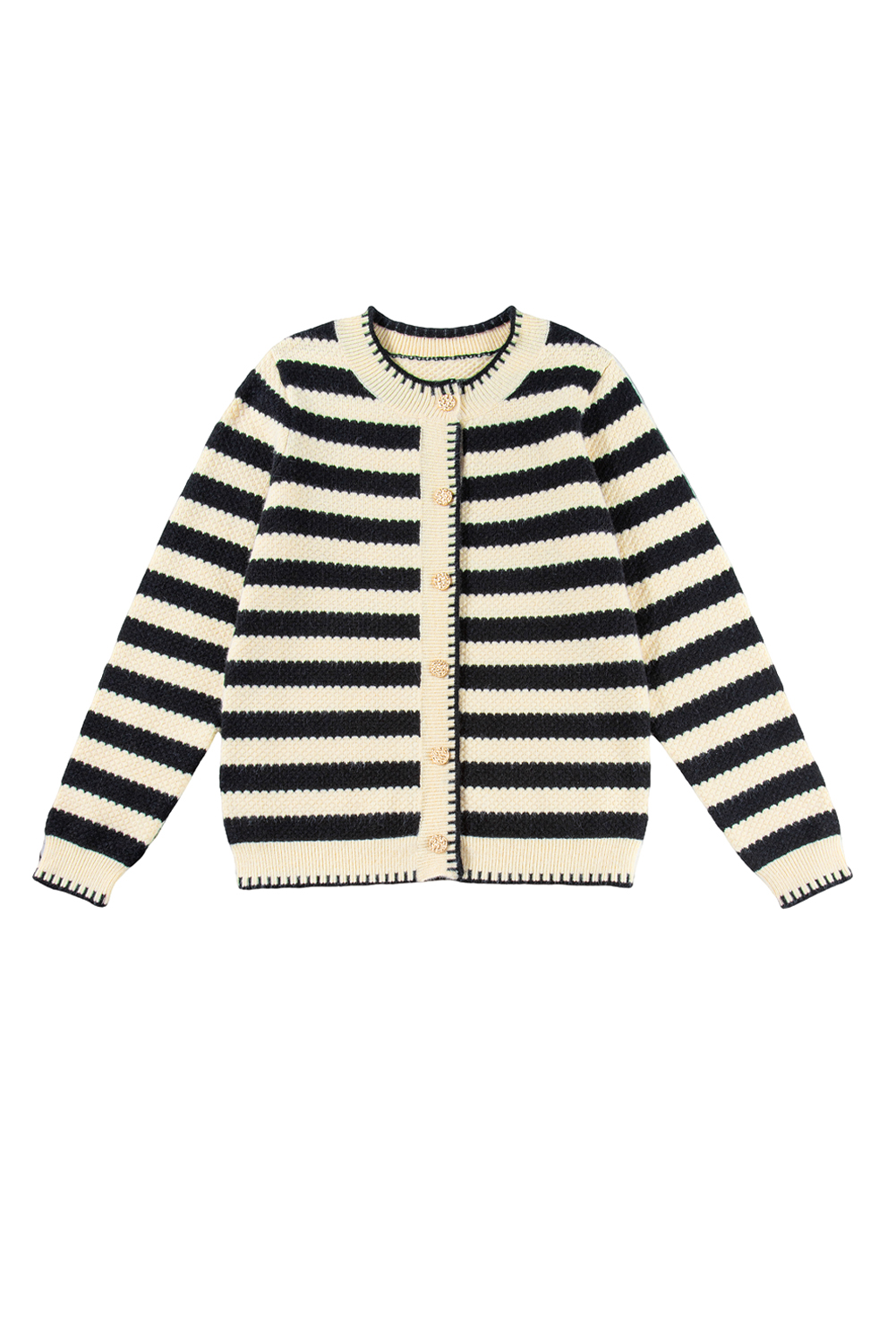 Women's Cardigan, Apricot Stripe, Golden Buttons, Long Sleeve, Casual Style, Daily Wear, Fall Fashion, Autumn Sweater, Round Neck, Chic Design, Comfortable Material, Sheath Silhouette - Detail View 20