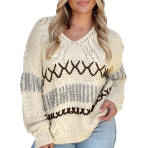 Parchment Contrast Stitch V Neck Drop Shoulder Long Sleeve Sweater for Women - Main View