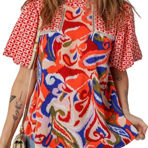 Women's Red Paisley Patchwork Puff Sleeve Blouse – Stylish Casual Summer Top