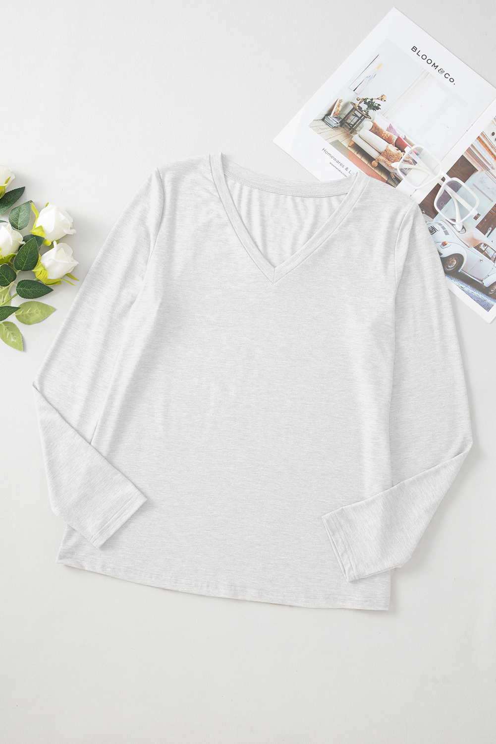 Women's Top, White Long Sleeve, V Neck, Stretchy, Casual Wear, Daily Use, Solid Color, Fall Fashion, Comfortable Fit, Versatile Style, Tops - Detail View 8