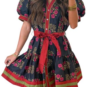 Women's Black Floral Print Mini Dress – Casual Belted Puff Sleeve Dress for Summer Outings