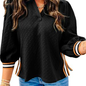 Women's Black Striped Patchwork Polo Sweatshirt – Casual Daily Wear V-Neck Pullover
