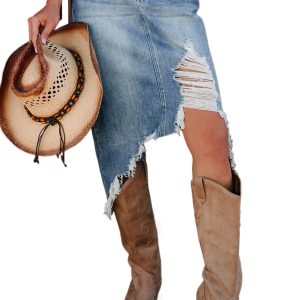 Myosotis Blue Irregular Distressed Bottom Denim Midi Skirt - Casual High Waist Design - Main View