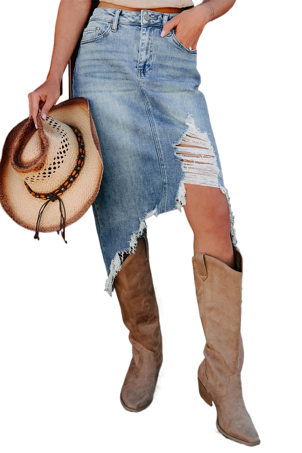 Myosotis Blue Irregular Distressed Bottom Denim Midi Skirt - Casual High Waist Design - Main View