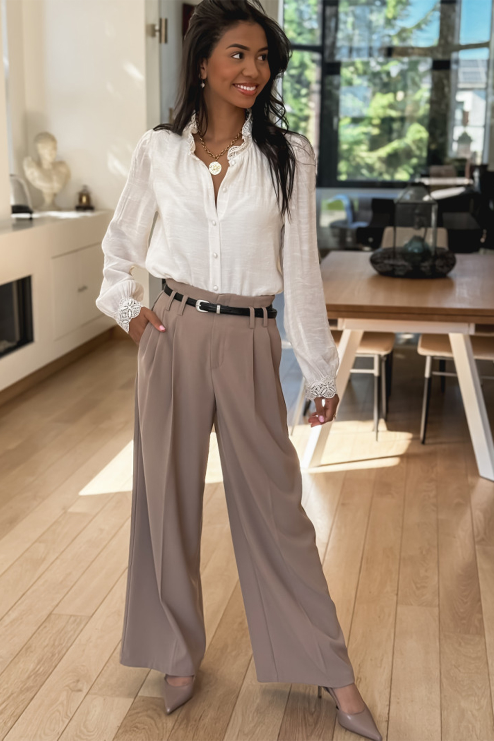 Chic Long Sleeve White Blouse with Lace Details and Stand Neck - Detail View 6