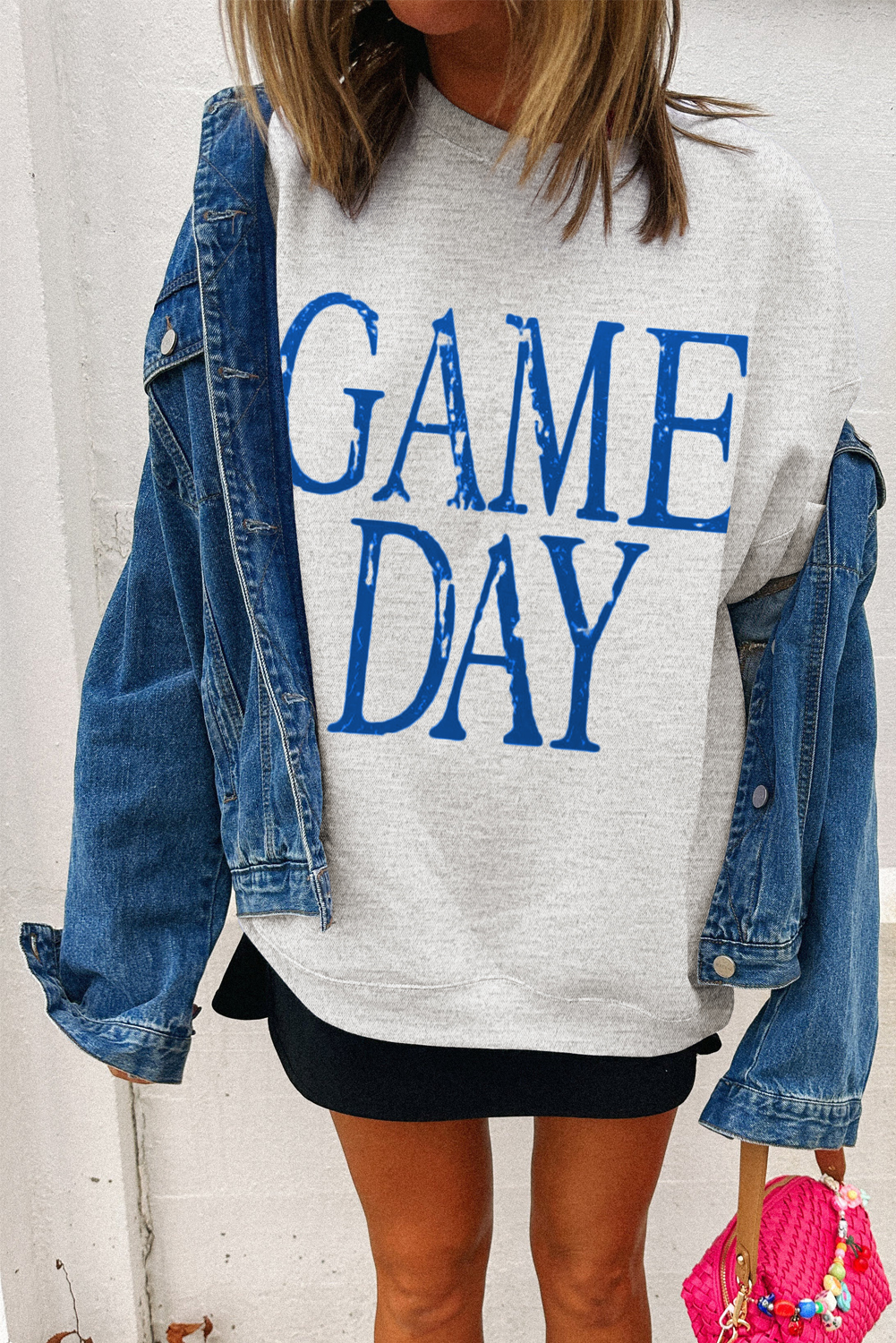 Trendy Long Sleeve Round Neck Sweatshirt with Letter Print - Perfect for Game Day - Detail View 2