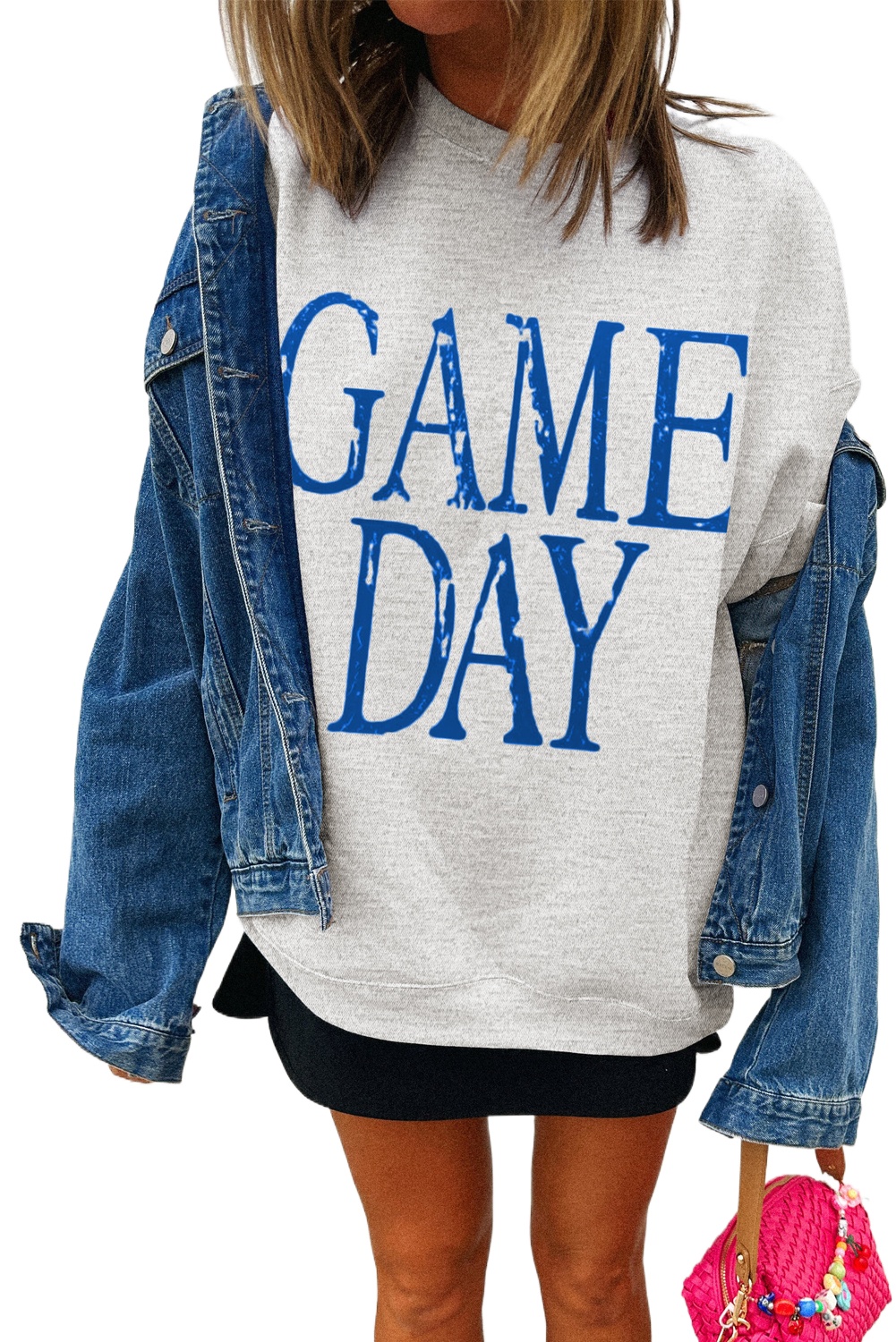 Women's Blue Vintage Washed GAME DAY Graphic Baggy Sweatshirt for Casual Wear - Main View