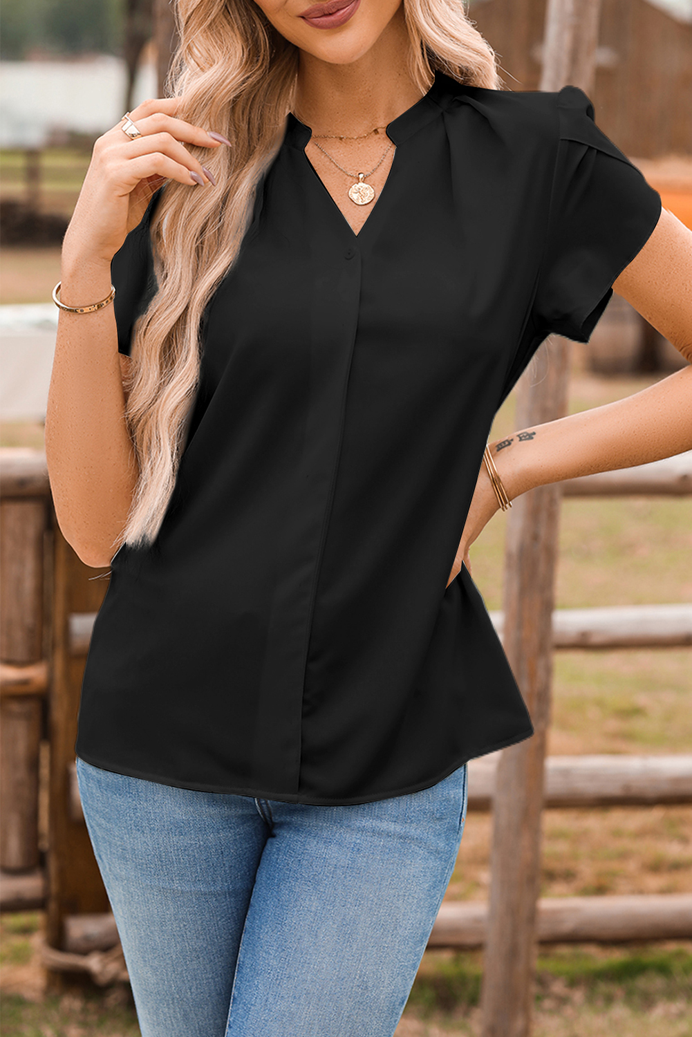 Stylish Women's Shift Blouse in Solid Black - Summer Ready V Neck Design - Detail View 3