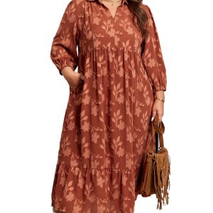 Plus Size Cinnamon Long Dress with Textured 3D Flower Pattern and Ruffle Hem - Main View
