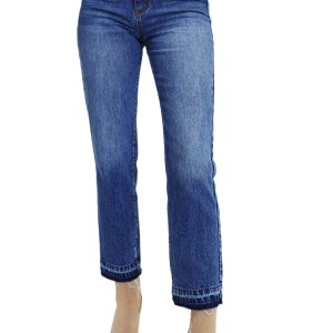 Women's High Waist Cropped Jeans – Dark Blue Whiskered Wash Raw Hem Denim Pants - Main View