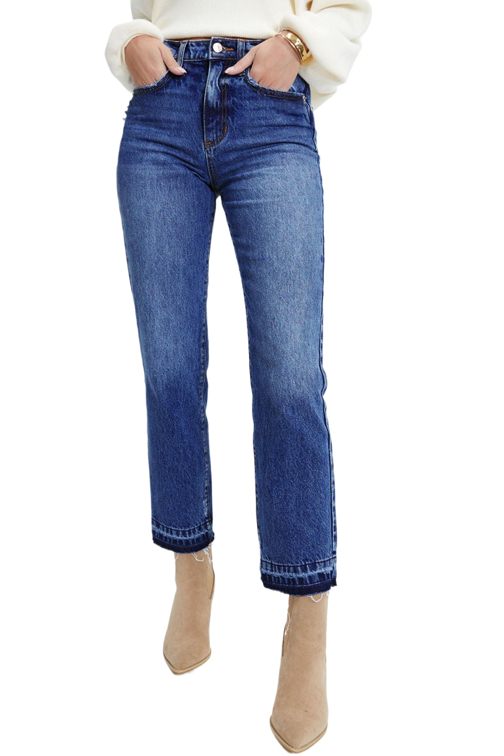 Women's High Waist Cropped Jeans – Dark Blue Whiskered Wash Raw Hem Denim Pants - Main View