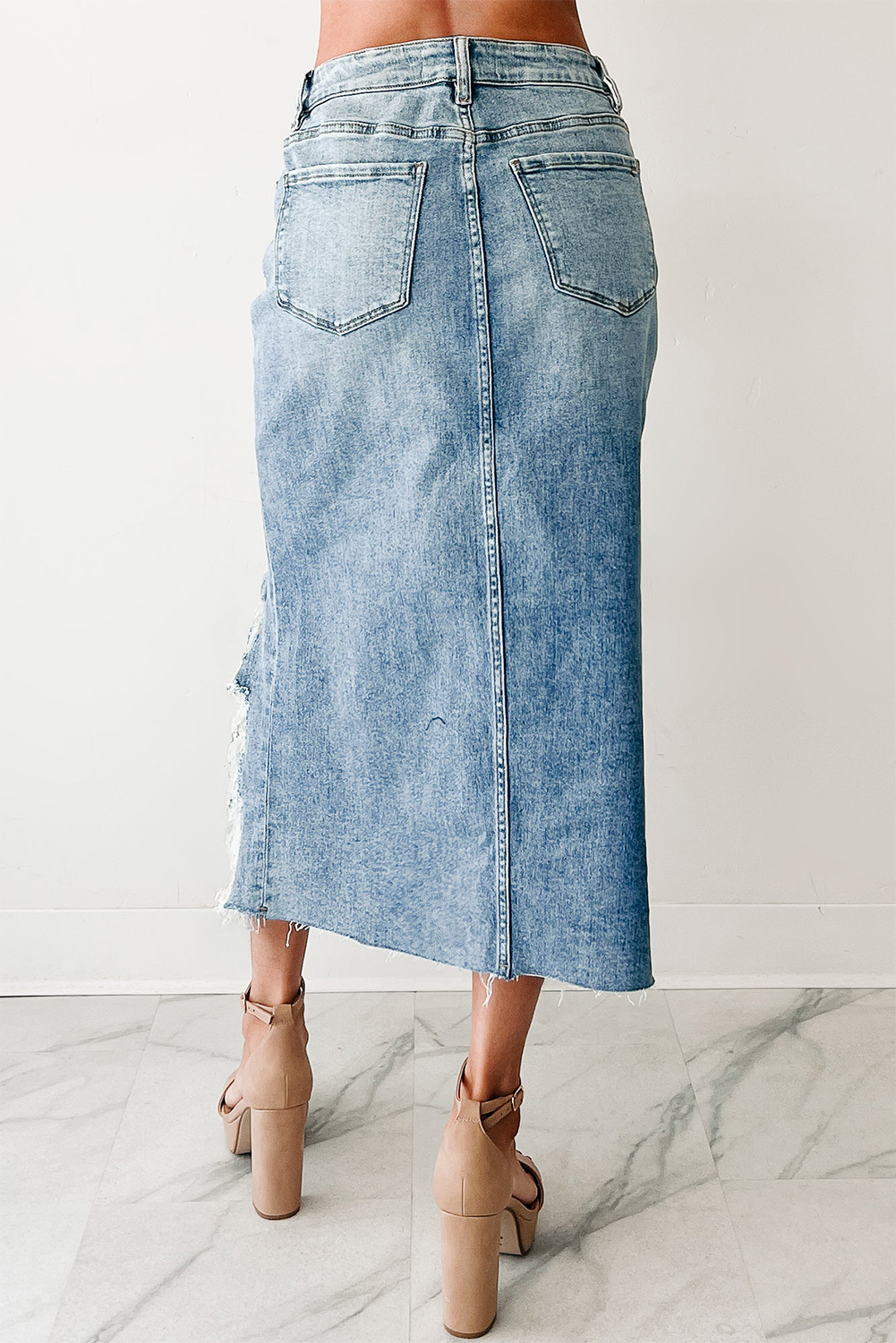 Women's High Waist Distressed Denim Midi Skirt - Perfect for Rock & Music Occasions - Detail View 3