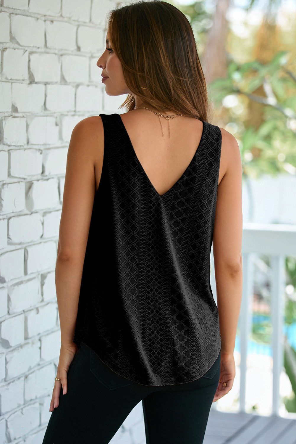Casual Black V Neck Tank Top with Textured Eyelet Knit - Perfect for Daily Wear - Detail View 2