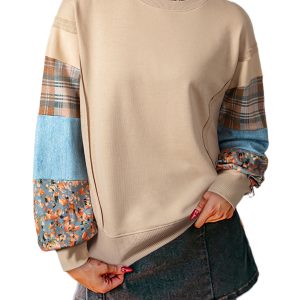 Women's Smoke Gray Plaid Colorblock Sweatshirt – Casual Patchwork Long Sleeve Top for Autumn Days - Main View