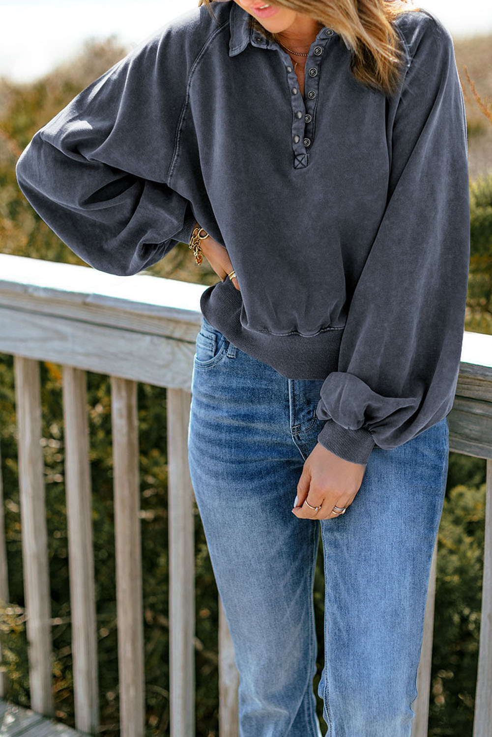 Casual Full Sleeve Blue Sweatshirt with Turn-Down Collar - Perfect for Autumn & Spring - Detail View 6