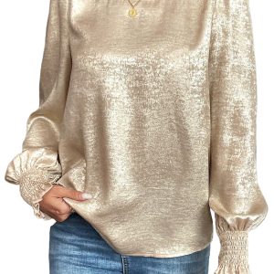 Women's Apricot Metallic Smocked Blouse – Casual Long Sleeve Top for Daily and Office Wear - Main View