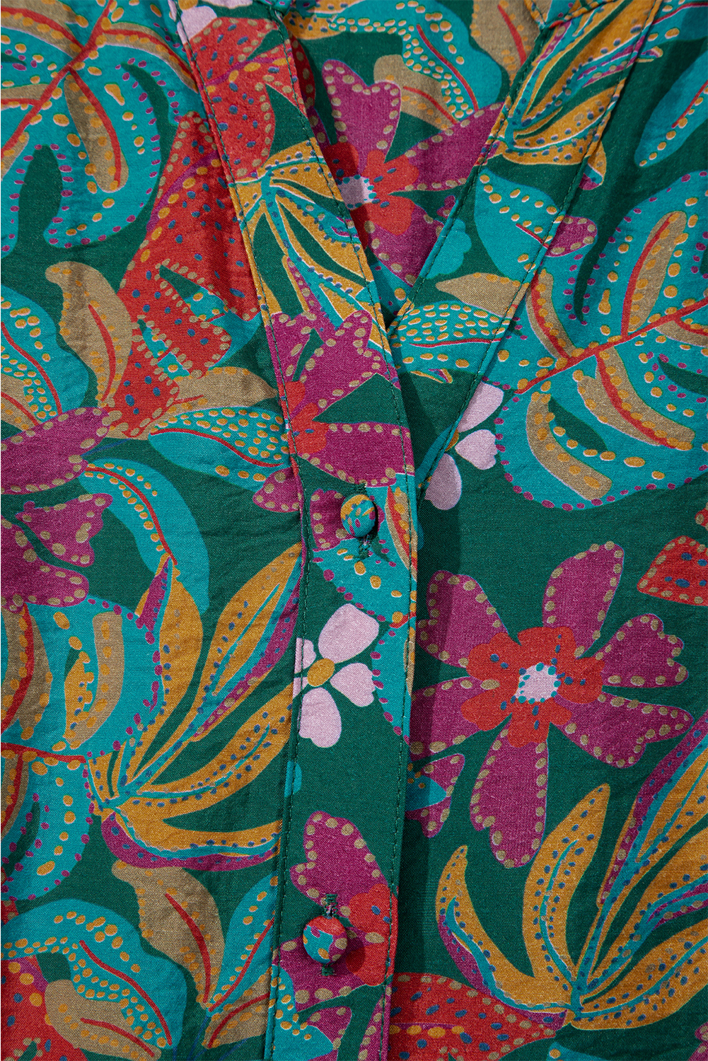 Women's Green Floral Frilled V Neck Puff Sleeve Ruffled Shirt Dress - Elegant Mini Dress - Detail View 17