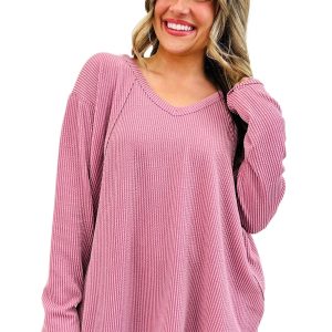 Casual Pink Twisted Rib Texture Exposed Seam Long Sleeve Top for Women - Main View