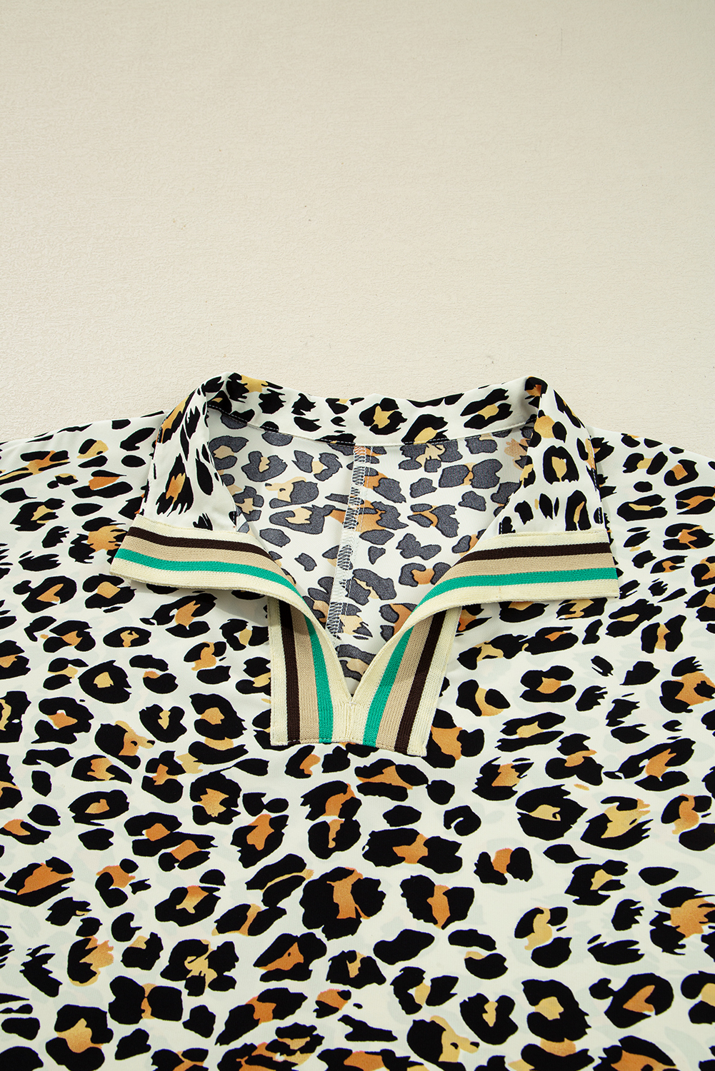 Women's Khaki Leopard Print Contrast Striped Long Sleeve V Neck Blouse - Detail View 5