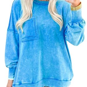 Women's Blue Mineral Wash Pullover Sweatshirt – Casual Long Sleeve with Double Patched Pockets for Daily Comfort - Main View