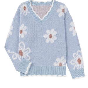 Women's Gray Fuzzy Flower Scalloped V Neck Plus Sweater - Cozy Autumn Fashion - Main View