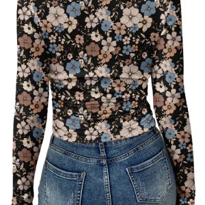 Women's Black Floral Print Long Sleeve T-Shirt – Casual Spring Style for Daily Wear