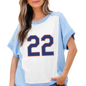 Casual Women's Sky Blue Color Block T-Shirt with Number 22 Print - Main View