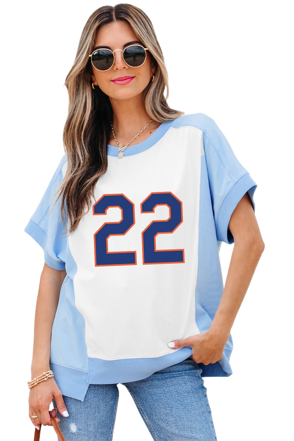 Casual Women's Sky Blue Color Block T-Shirt with Number 22 Print - Main View