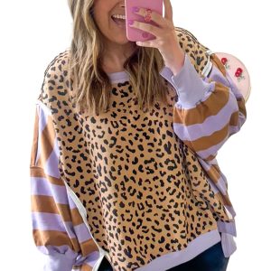 Women's Purple Stripe Color Block Patchwork Leopard Casual Sweatshirt with Slits - Main View