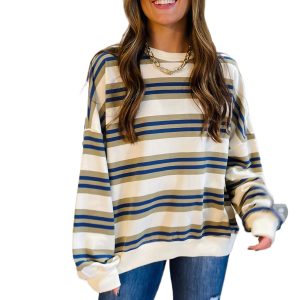 Women's Khaki Stripe Crew Neck Drop Shoulder Pullover Sweatshirt - Main View