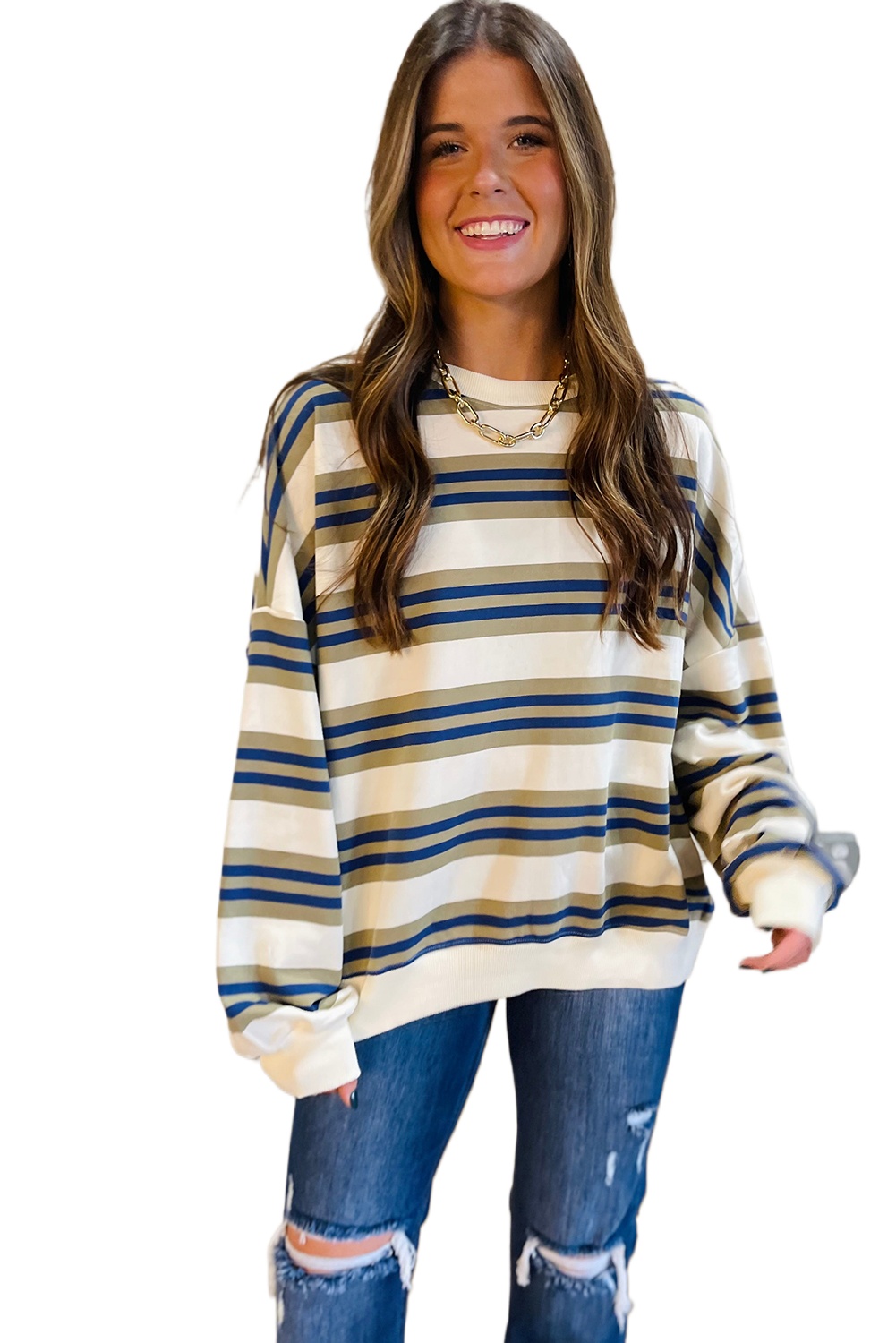 Women's Khaki Stripe Crew Neck Drop Shoulder Pullover Sweatshirt - Main View
