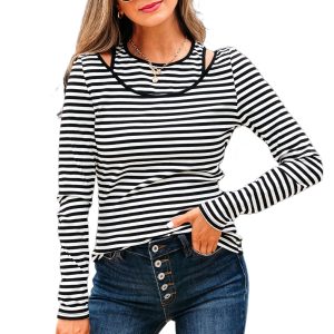 Women's Black Stripe Double-Layer Cold Shoulder Long Sleeve Top - Main View